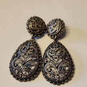 Vintage Signed DANON Judaica Scrolled Silver Tone Drop Clip On Earrings